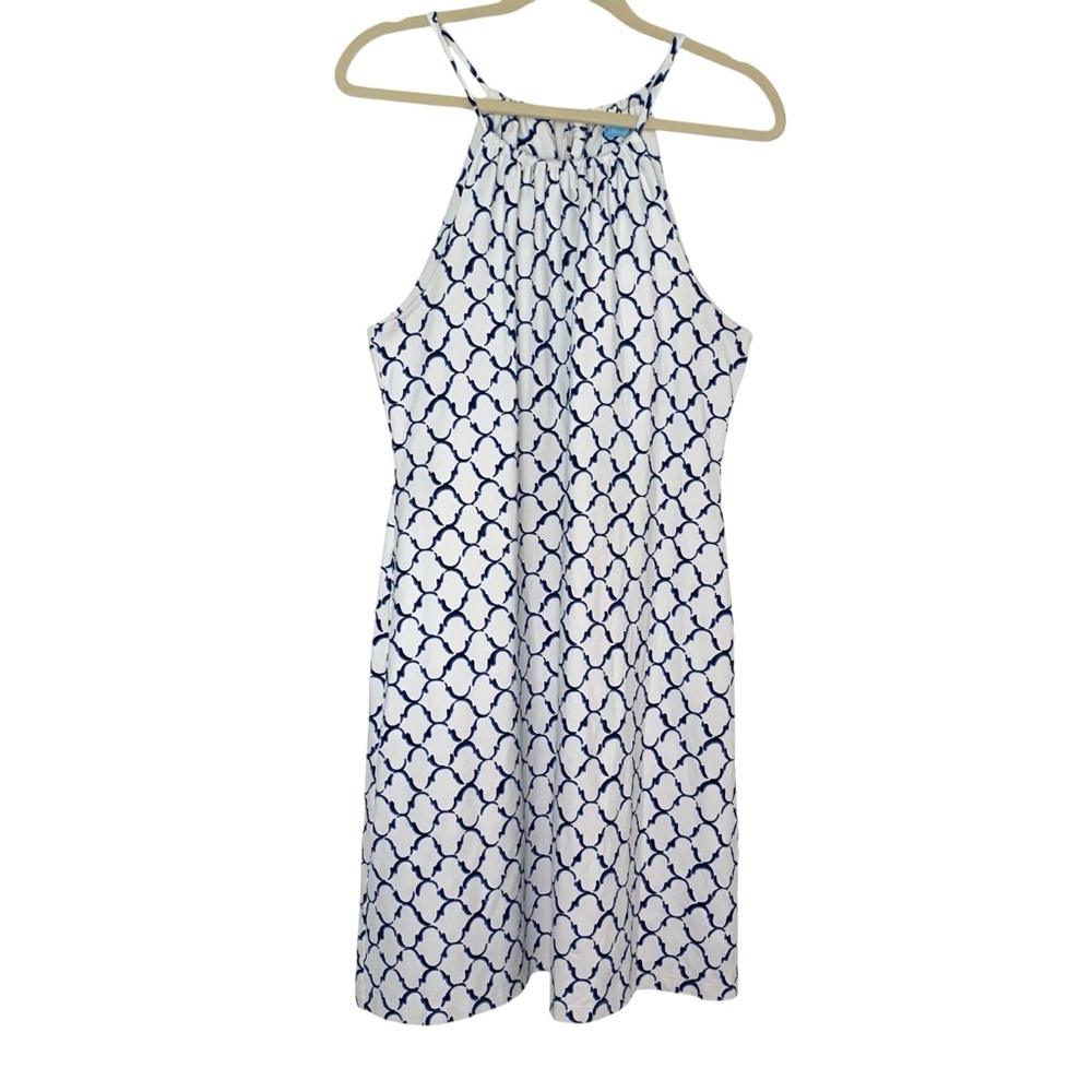J. McLaughlin Blue & White Graphic Print Medium Catalina Cloth Halter Dress